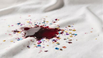 Red Stain on White Fabric with Confetti, Close-Up View.