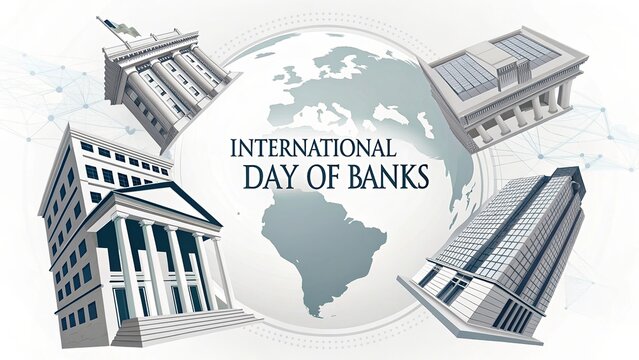 Elegant worldwide banking celebration graphic featuring refined financial symbols, global economic prosperity themes, professional wealth motifs, and contemporary financial communication design.