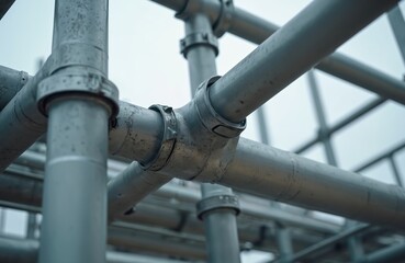 Metal pipes form part of construction scaffolding. System uses tubes and clamps. It is grey structure against sky. Industrial background scene shows framework.