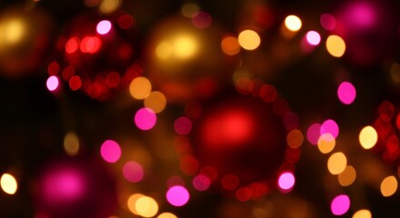 Obraz premium A festive holiday background with glowing, out-of-focus Christmas ornaments and colorful bokeh lights.
