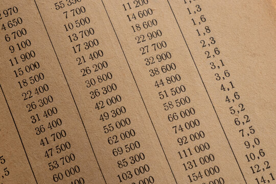 A large fragment of an old paper table with numerical data, illustrated by columns and a series of numbers, used for analysis