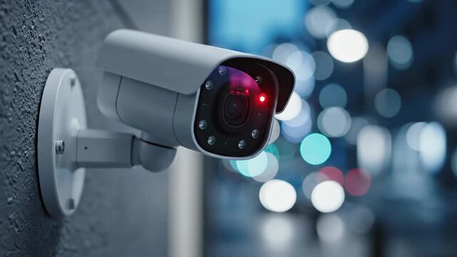 Closeup of a modern cctv security camera with a red indicator light, overlooking a blurred city street at night