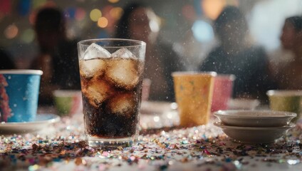 Refreshing cola drink with ice at a vibrant party.