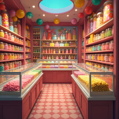 Fototapeta premium Vibrant candy store interior with shelves, glass jars. Colorful assortment of sweets, lollipops, gumballs on display. Confectionery shop offers many delicious treats. Sweet childhood dream background