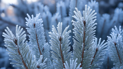 Frosty pine needles glistening in the winter sunlight on a cold morning scene