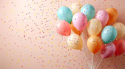 Cluster of colorful balloons with confetti isolated on transparent background