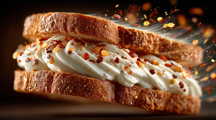 Delicious toasted bread sandwich with whipped cream, colorful sprinkles, and a sweet, indulgent dessert presentation perfect for bakery, pastry, and culinary display