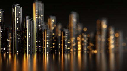 Artistic depiction of a city skyline at night with glowing windows and reflections