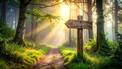 Path through a sunlit forest, with a wooden sign pointing left, serene nature scene