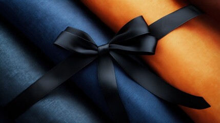 Premium Blue & Orange Fabric Texture with Black Satin Ribbon Bow Decor Element - For Luxury Gift Packaging, Soft Decor, Card Decoration Assets