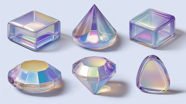 3D rendered collection of iridescent, gem-like geometric shapes on a pale, seamless surface