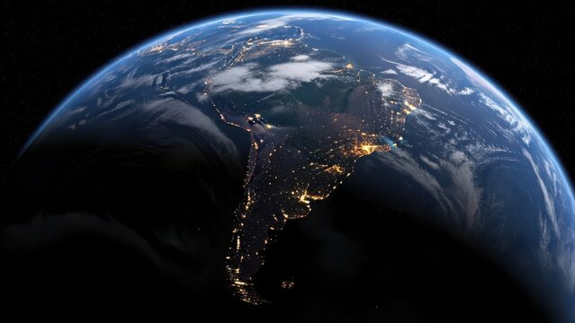 View of planet earth at night showing city lights across south america and parts of central america from a space horizon.