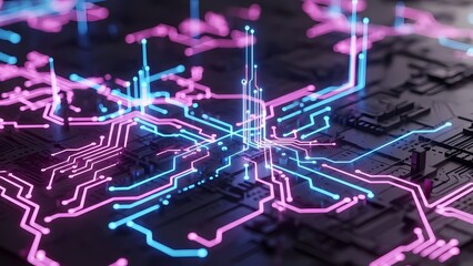 Modern circuit board design with vibrant neon blue and pink patterns