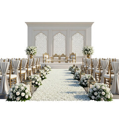 Wedding Ceremony Setup with Chairs, Flowers, and Ornate Backdrop white isolated on a transparent background