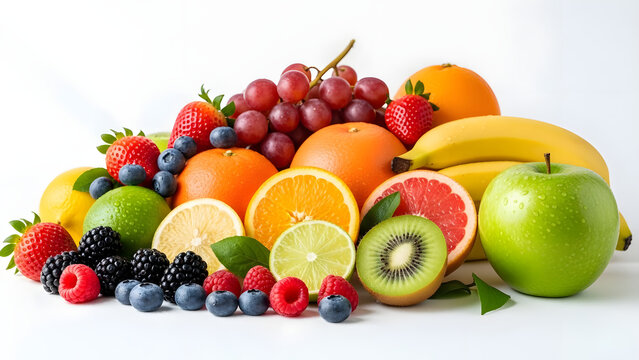 Colorful and fresh assortment of fruits on a white background