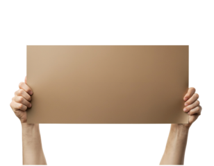 Pair of hands holding blank brown cardboard sign ready for custom message isolated on transparent background