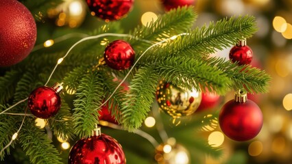 Vibrant red and gold christmas ornaments sparkling on a green fir tree branch with twinkling fairy lights and bokeh background
