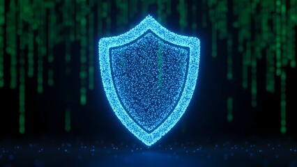 Cybersecurity shield protecting data with digital binary code background
