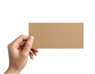 Human hand holding blank horizontal brown kraft paper card for custom text. isolated on transparent background