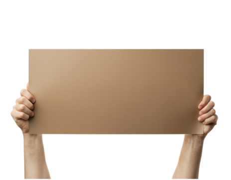 Pair of hands holding blank brown cardboard sign ready for custom message isolated on transparent background