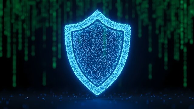 Cybersecurity shield protecting data with digital binary code background