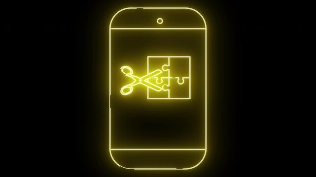 Yellow neon smartphone icon with scissors cutting a puzzle on a black background