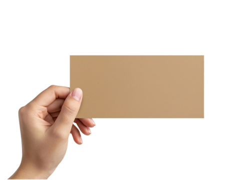 Human hand holding blank horizontal brown kraft paper card for custom text. isolated on transparent background