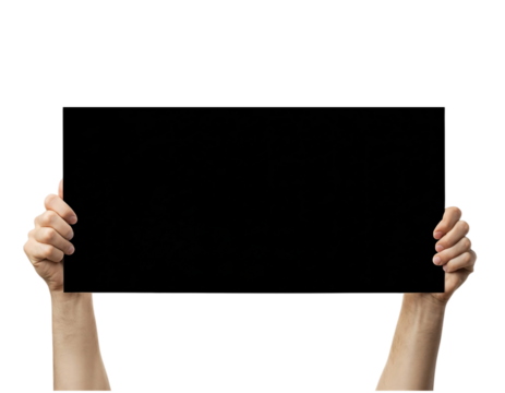 Hands holding blank black rectangular sign for message, announcement, ad, copy space. isolated on transparent background