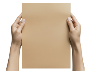 Hands holding blank brown recycled paper sheet for your custom message isolated on transparent background