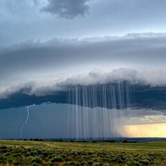 Fototapeta premium Dramatic storm clouds with lightning and rain over a grassy plain