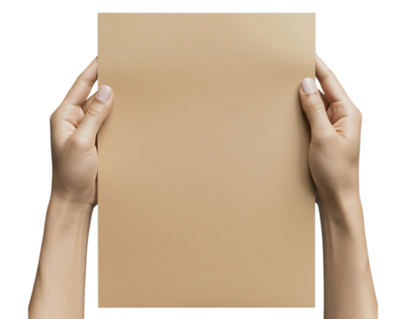 Hands holding blank brown recycled paper sheet for your custom message isolated on transparent background