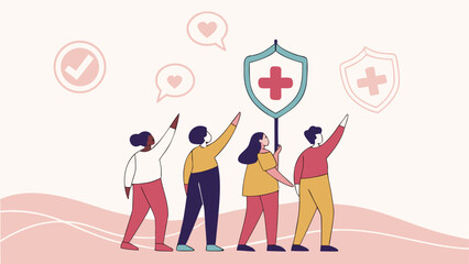 Diverse team promoting healthcare access with hearts and shields, symbolizing community support and wellness for all, ideal for healthcare campaigns and social initiatives