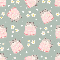 Cute christmas cats seamless pattern featuring cozy holiday sweaters, festive decorations, and joyful winter vibes in playful design.