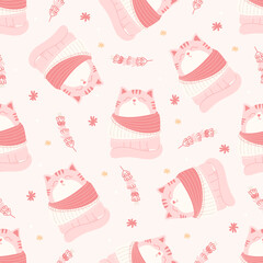 Cute christmas cats seamless pattern featuring cozy holiday sweaters, festive decorations, and joyful winter vibes in playful design.