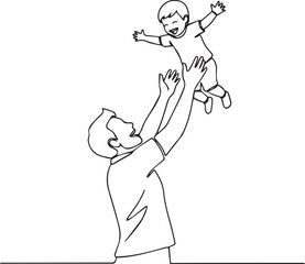 Create Father and son in one continuous line drawing. Happy dad throws a child into the air in simple linear style. Family and fatherhood concept in editable stroke. Doodle oneline vector illustration