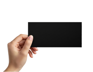 Hand holding blank black rectangular card for custom text and branding space isolated on transparent background
