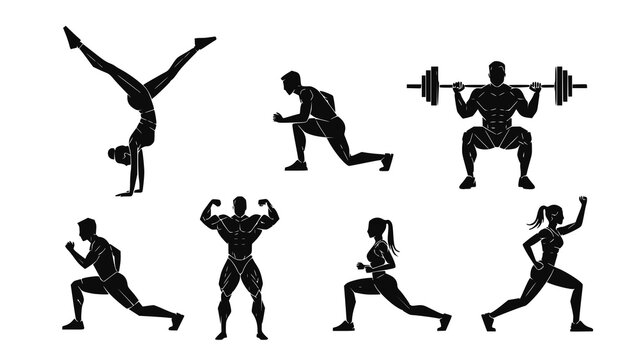 Set of silhouettes of people exercising in the gym, transparent PNG version.