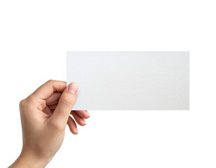 Fototapeta premium Hand holding blank white textured paper card with ample copy space, isolated isolated on transparent background
