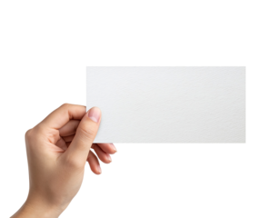 Hand holding blank white textured paper card with ample copy space, isolated isolated on transparent background