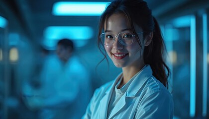 Asian young doctor woman portrait. Female in lab coat looks at camera smiles in hi tech laboratory. Doctor is confident, professional, smart and curious in the future. Progress in science