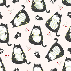 Cute christmas cats seamless pattern featuring cozy holiday sweaters, festive decorations, and joyful winter vibes in playful design.