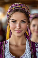 Obraz premium A woman with a purple head scarf and a white shirt