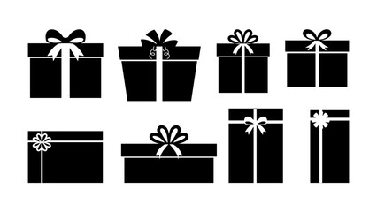 Present box icon set featuring simple black gift silhouettes with ribbons and bows suitable for web icons branding projects packaging layouts festive graphics greeting cards
