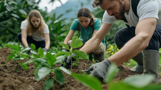 Three individuals are planting young seedlings in rich soil amidst a lush landscape, showcasing teamwork and environmental care.