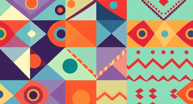 Colorful Geometric Pattern with Bold Shapes. triangles, circles, diamonds, zigzag, modern design