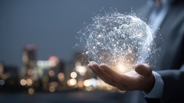 Businessman holding glowing global network connections