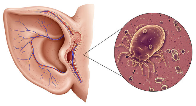 Ear mite infestation illustration parasite otitis canal animal veterinary medicine