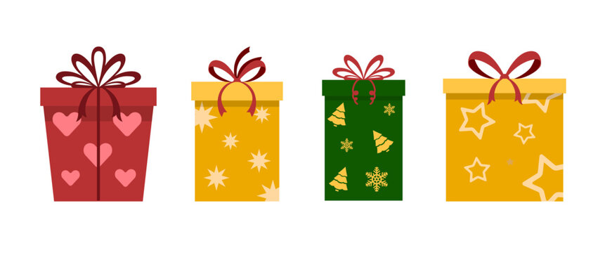 Colorful present box illustration set with festive gift designs in playful flat style ideal for holiday celebration graphics digital greeting cards packaging concepts creative resources