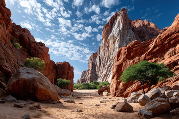 Colorful rock formations create a stunning view of the canyon during midday light