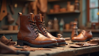Pair of brown leather work boots and oxford shoes sit on a cobbler workbench. Leather scraps and tools surround footwear. Rustic artisan studio.